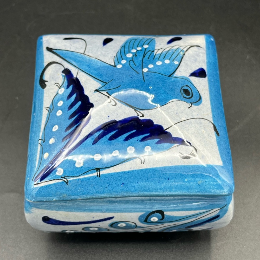 Tonala Mexican Pottery Trinket Box  Blue Bird Signed Lidded Dish 3.5"